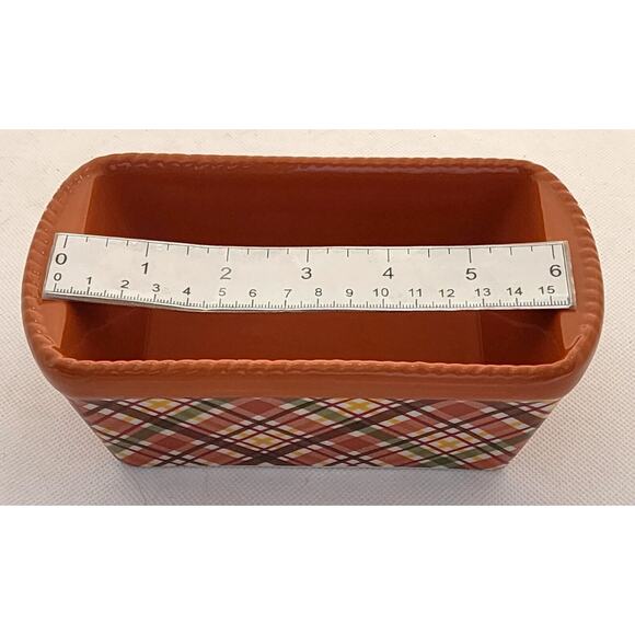 LOAF BAKING DISH-TEMP-TATIONS-Ceramic-Pumpkin & Green-Plaid-Holiday Theme-Small - Picture 6 of 8